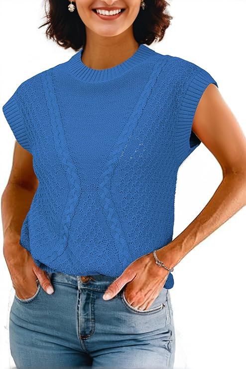 Arach&Cloz Womens Spring Sweater Vest 2025 Cap Sleeve Crew Neck Casual Tops Cable Knit Crochet Lo... | Amazon (US)