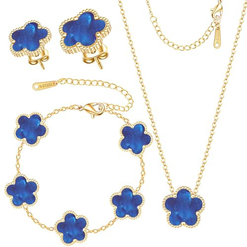 BAREEK Clover Jewelry Set 3pc-18k Gold Plated Four Leaf Necklace, Clover Bracelet, Clover Earrings, Hypoallergenic Non-Tarnish, 4 Lucky Jewelry Gift Favors for Women Gold Jewelry Sets for Women/Blue | Amazon (US)