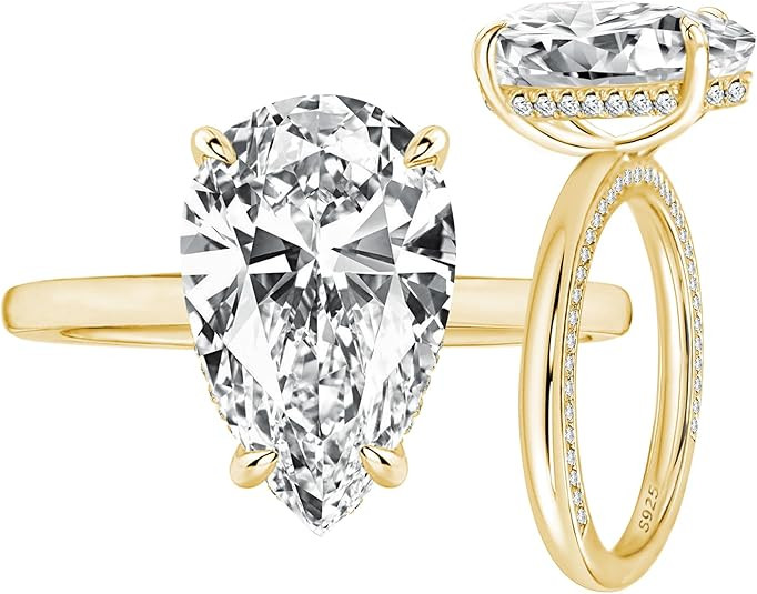 3.5ct Solitaire Pear Shaped Engagement Ring For Women,Noble Gold Tone Crushed Ice Sterling Silver... | Amazon (US)