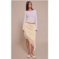 Lemon Satin Lace Trim Asymmetric Midi Skirt | PrettyLittleThing UK