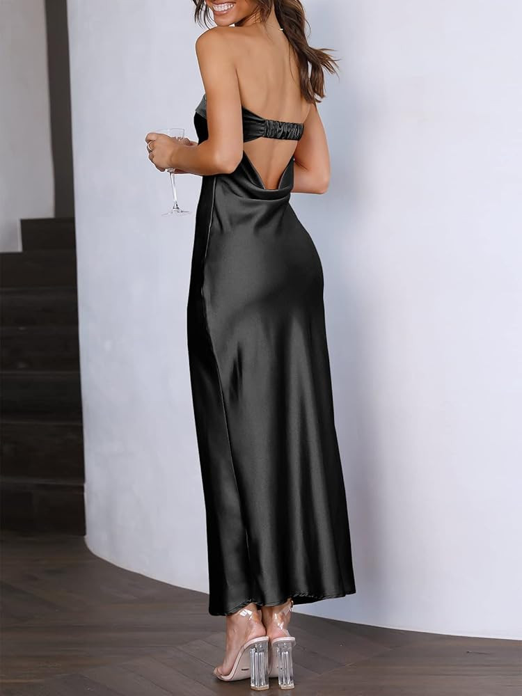 Caracilia Womens Satin Tube Sexy Backless Cut Out Formal Wedding Guest Evening Party Maxi Dresses | Amazon (US)