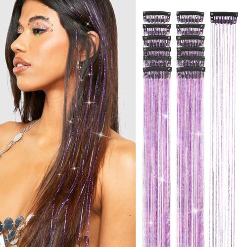 Purple Hair Tinsel 12Pcs 20.5 Inch Clip in Fairy Hair Tinsel Kit for Women Girls Glitter Hair Accessories for Christmas Halloween Cosplay Party (Purple) | Amazon (US)