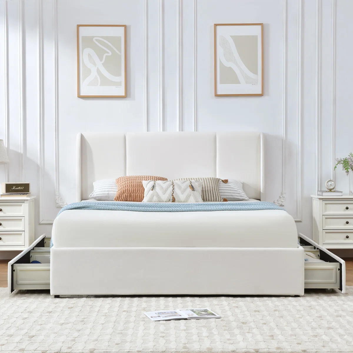 Braya Upholstered Platform Storage Bed With 4 Drawers,White Queen | Wayfair North America