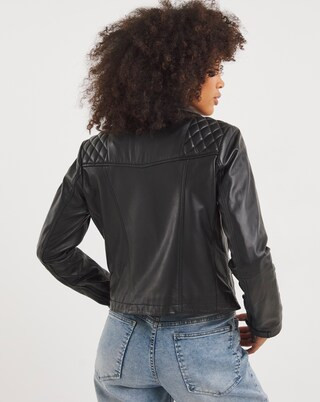 Black Worn Leather Biker Jacket | Simply Be (UK)