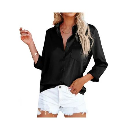Women Satin Button Down Shirt Blouses Long Sleeve Lapel Vintage E-Girl Clubwear Streetwear | Walmart (US)