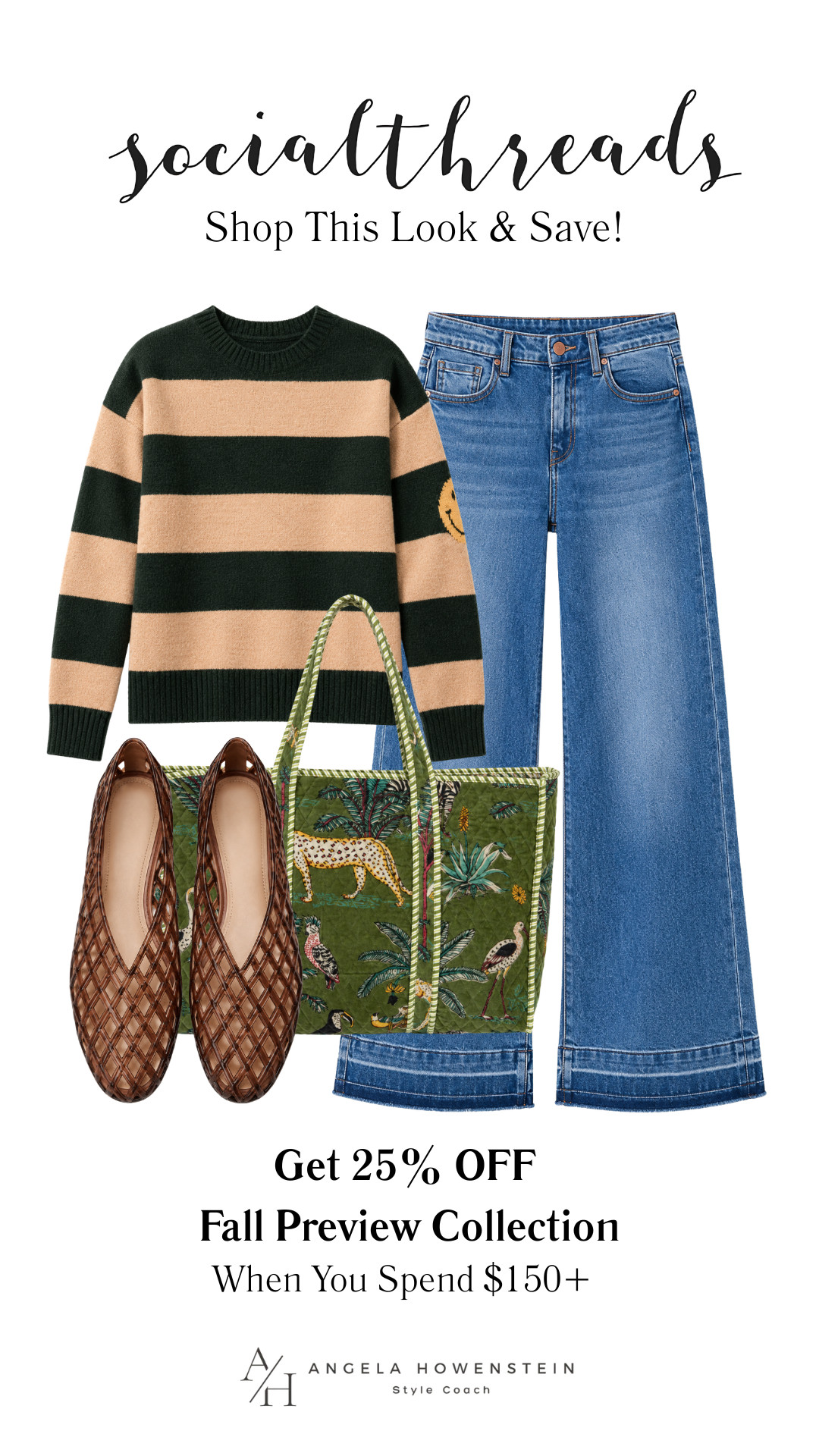 This striped sweater is such a fun way to add personality to your fall wardrobe! Paired with flattering wide-leg jeans, woven flats, and a printed tote, it's an effortless outfit for weekends, lunch with friends, or casual travel.

✨ Social Threads Fall Preview Sale: Get 25% OFF orders of $150+ on the Fall Preview Collection. Sale ends 8/9/26.

👩‍💻 LTK PRO TIPS
❤️ Heart = Support my posts ;-)
🔖 Save = Get sale & restock alerts for the things you love!
📋 Lists = Keep favorites organized (List ideas: Christmas, Birthdays, and Vacations!)
📲 Share = Send lists and products to a friend (or your daughters like me).
💬 Comment = Ask me anything, and I'll answer. ;-) 

 #LTKgrwm #LTKOver40 #LTKSaleAlert