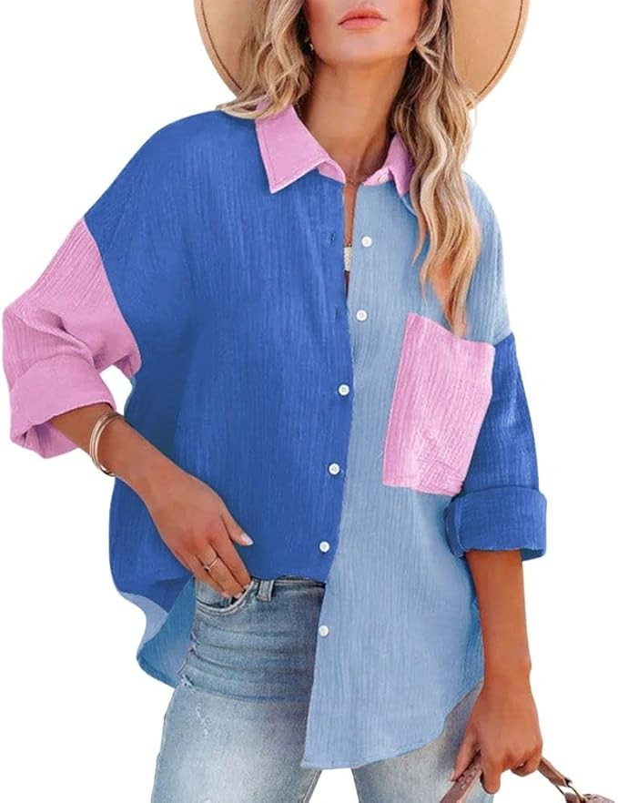 chouyatou Women's Color Block Long Sleeve Button Down Boyfriend Shirt Blouses | Amazon (US)