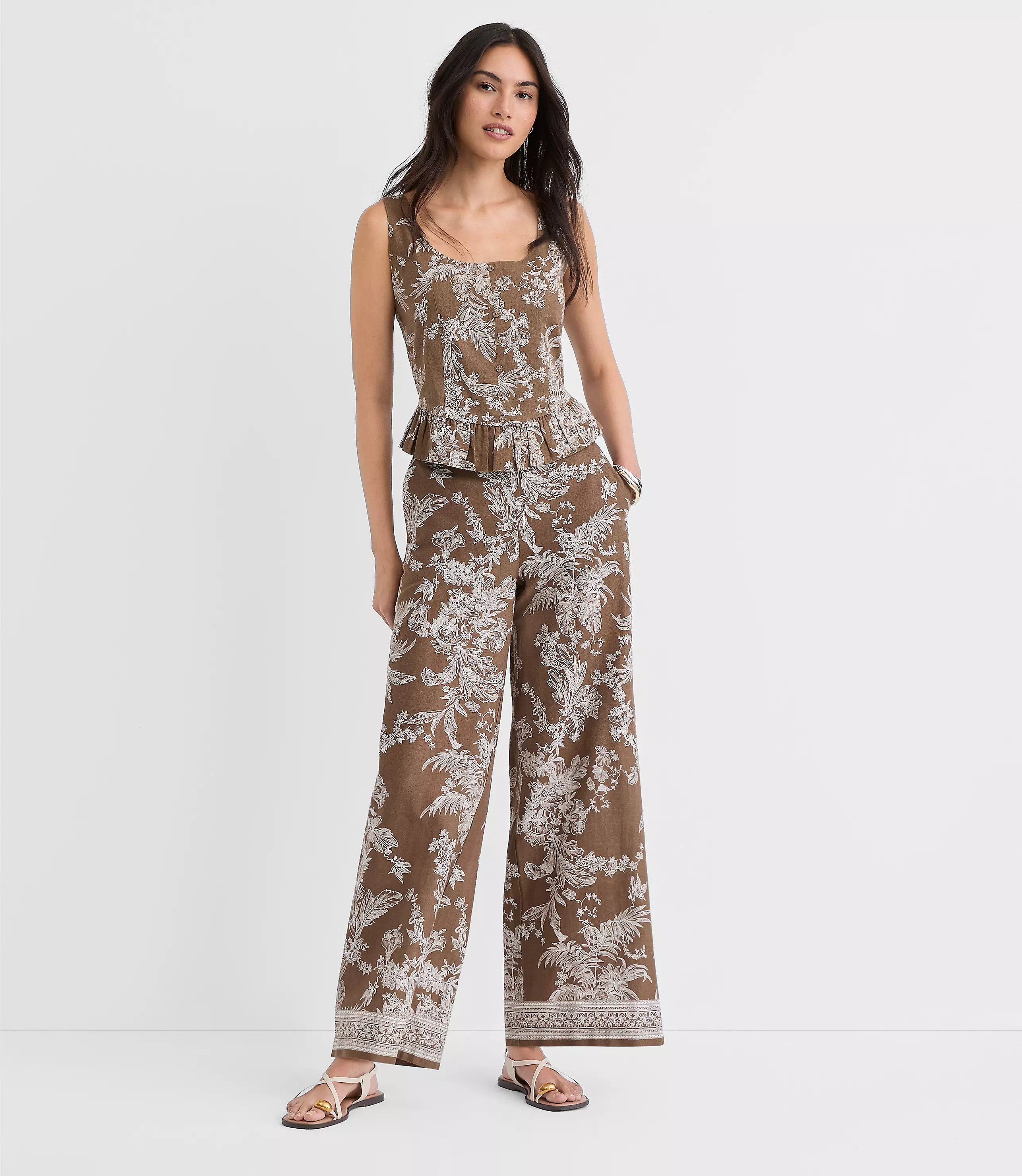 Floral Pull On Wide Leg Pants in Linen Cotton | LOFT