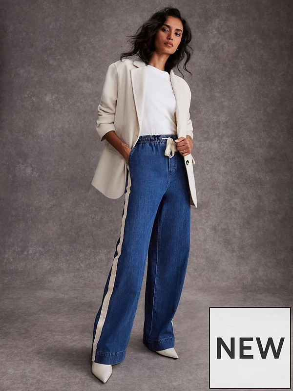 Mint Velvet Indigo Tie Waist Side Stripe Wide Jeans - Blue | Very (UK)