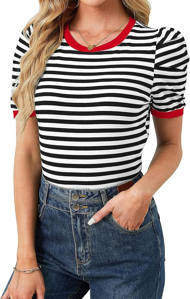 Striped Shirt Women Short Puff Sleeve Tops for Women Casual Slim Fit Color Block Cute Summer Tops... | Amazon (US)