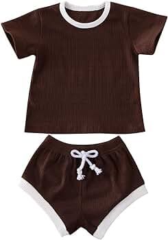 Newborn Baby Boys Summer Outfits Infant Ribbed Knitted Cotton Short Sleeve Top Shirt + Shorts Two... | Amazon (US)