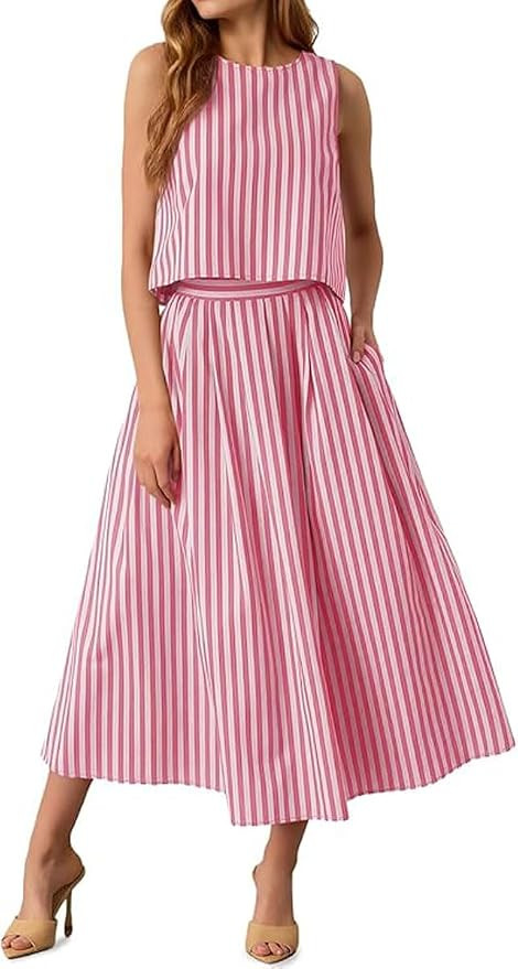 Womens Summer Striped 2 Piece Skirt Sets Sleeveless Tank Tops Midi Skirts Matching Sets Vacation ... | Amazon (US)