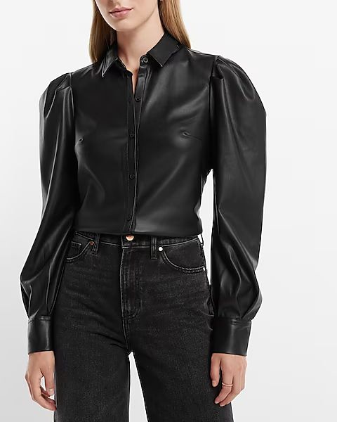 Faux Leather Puff Sleeve Button Front Shirt | Express