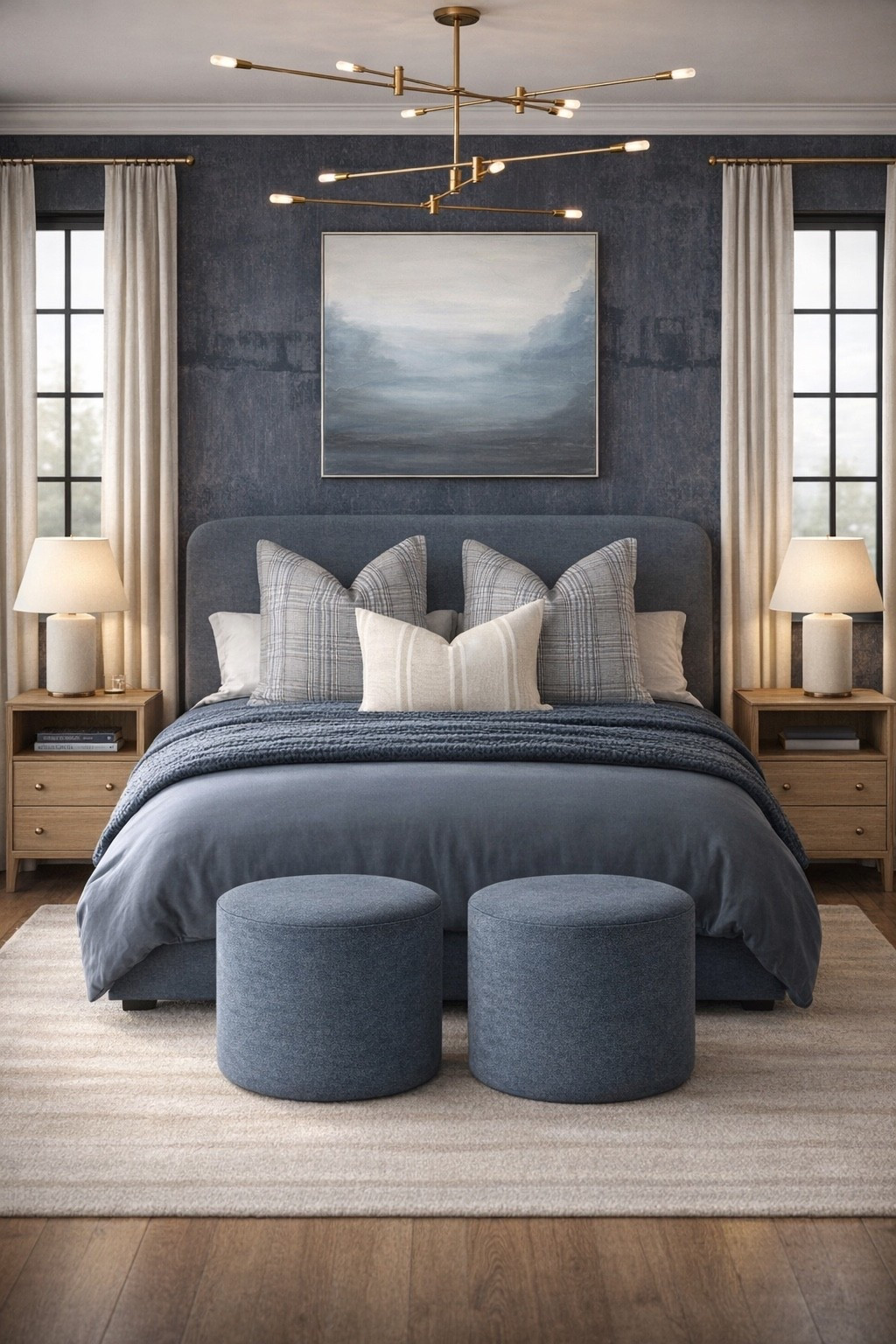 A modern blue and neutral bedroom