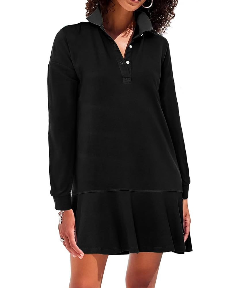 Women's Polo Dress Long Sleeve Collared V-Neck Ruffle Hem Fall Shirt Mini Dresses | Amazon (US)