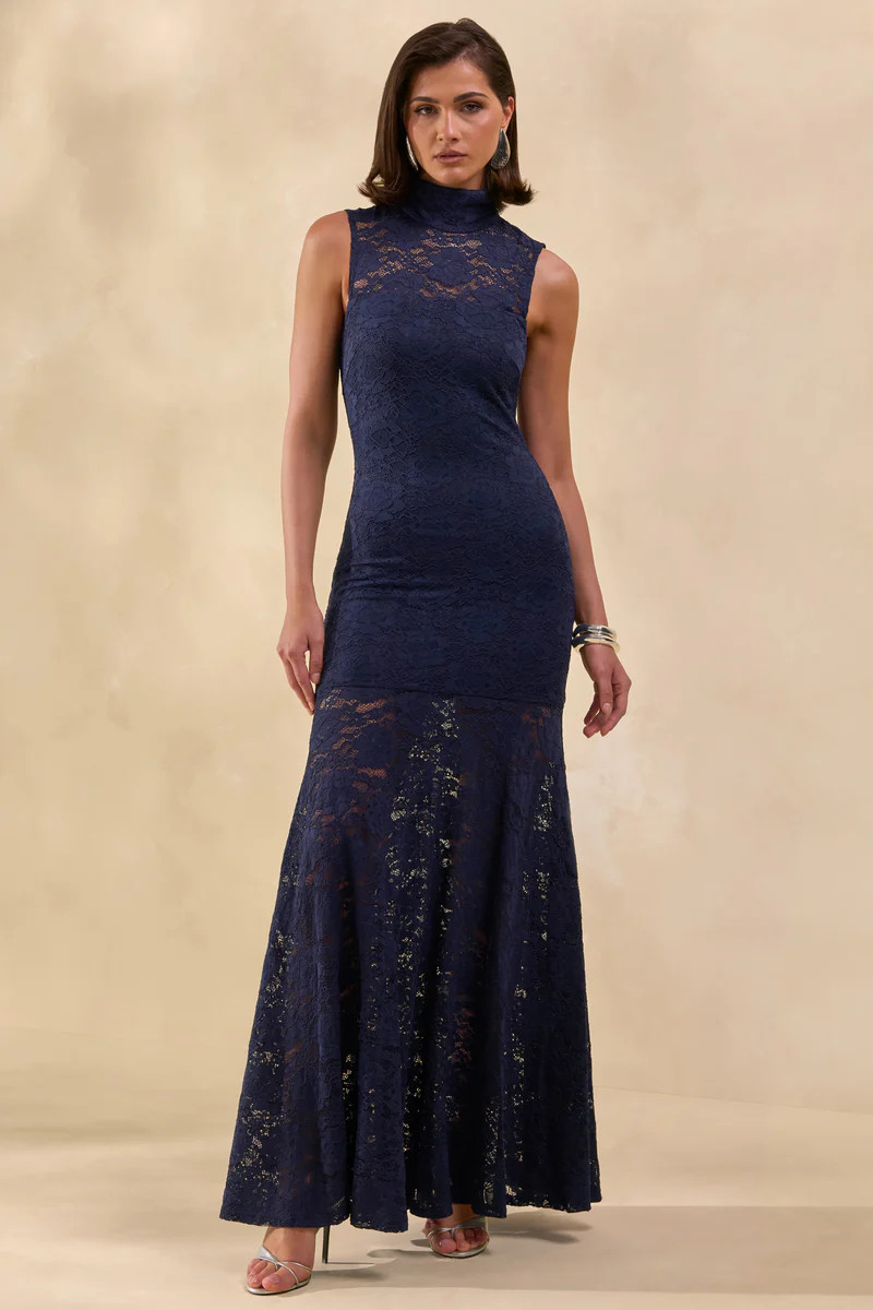 Esalyn  Navy Lace High-Neck Maxi Dress With Sheer-Skirt | Club L London