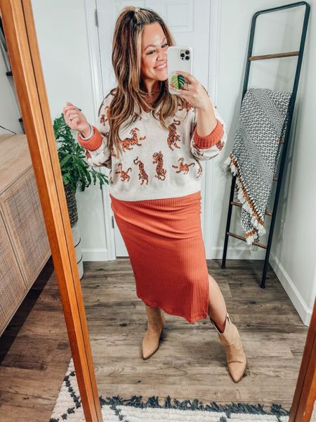 Fall outfit inspo - style tip - size 14 - midsize fall fashion - midsize fashion - midsize outfit inspo - curvy girl Fall dress xl Tiger print super soft sweater xl Booties tts Use code: 20TARYN

#LTKsalealert #LTKcurves #LTKstyletip