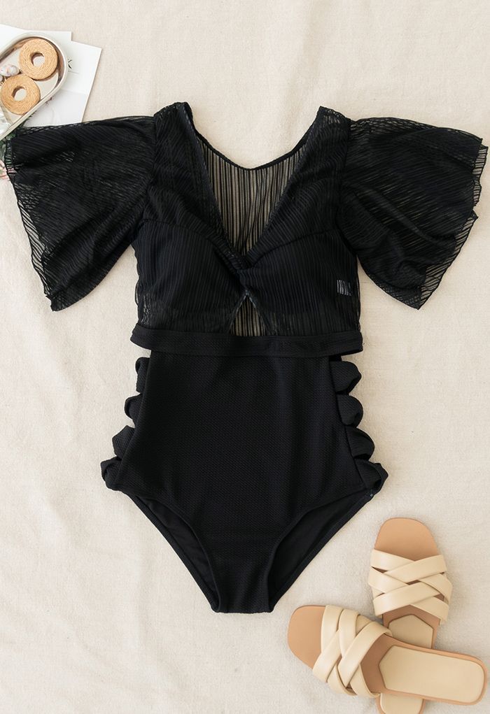 Detachable Bra and Lacy Swimsuit Set in Black | Chicwish