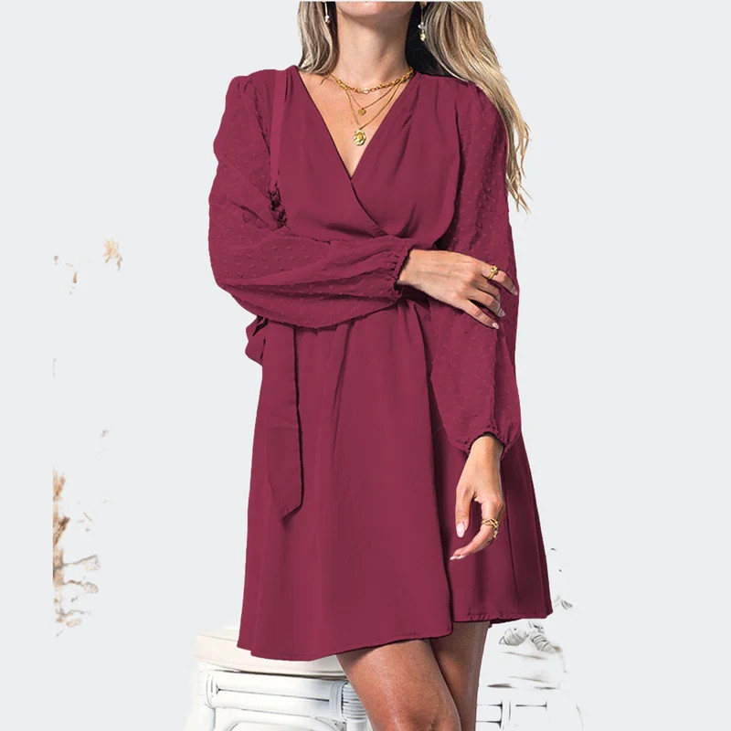 Anna-Kaci Clip Dot Long Sleeve Wrap Dress - Red - S | Verishop