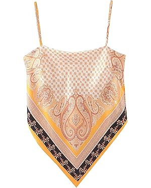 Women's Paisley Print Tie Back French Knot Hanky Hem Spaghetti Straps Handkerchief Cami Bandana T... | Amazon (US)