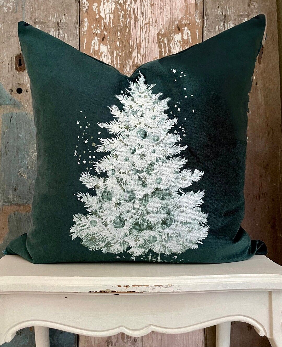 Green Christmas Tree Velvet Pillow Cover Shabby Cottage Chic - Etsy | Etsy (US)