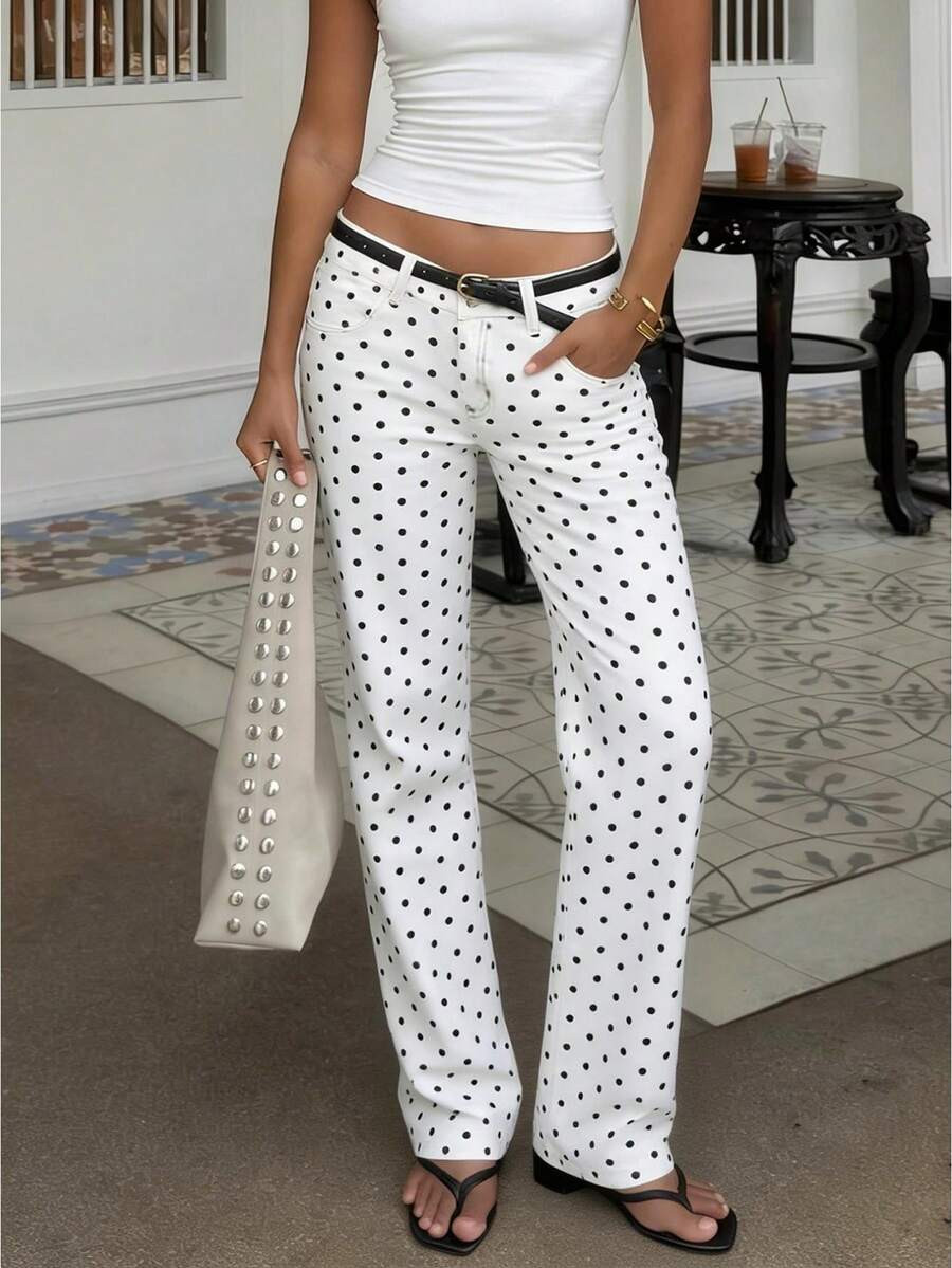 LocalWomen's Mid-Rise Stretchy Skinny Jeans Polka Dot Straight Jean Slim Fit Slim Leg Pull On Jea... | SHEIN