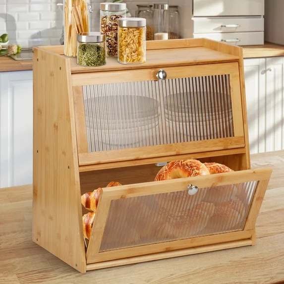 Qunbio Bamboo Bread Box, 20 in Double Layer Bread Storage Organizer, Large Capacity Bread Box for... | Walmart (US)