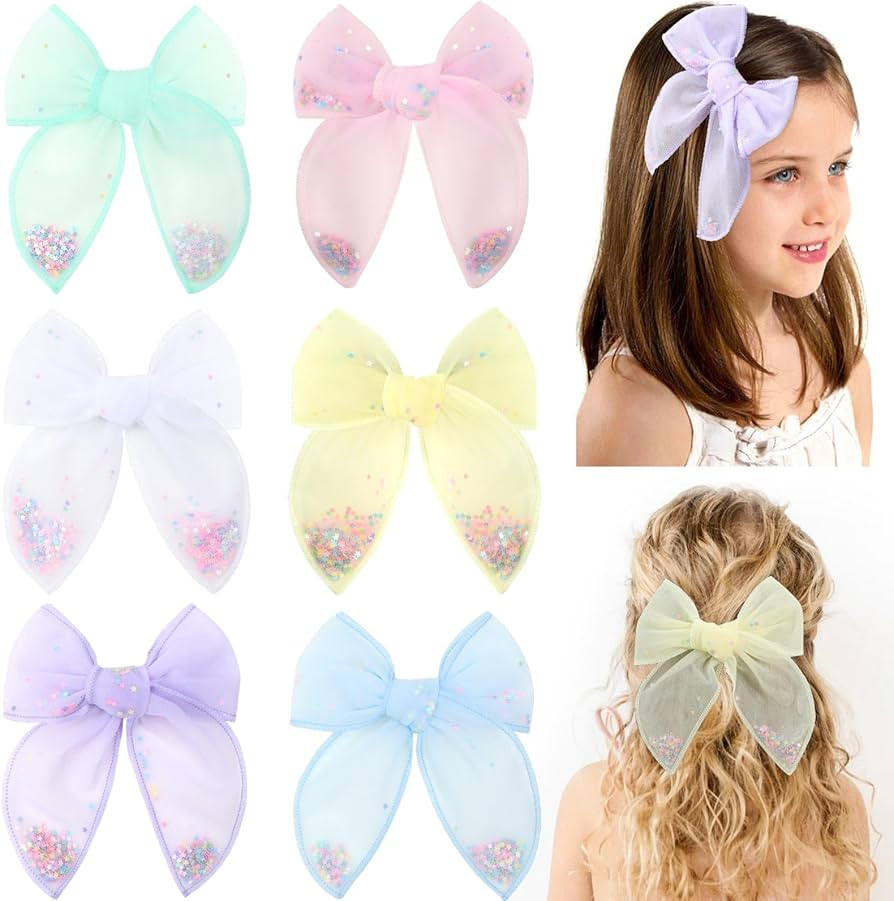 6 PCS Tulle Hair Bows for Girls, CN Toddler Bows with Glitter Star Alligator, Colorful Hair Barre... | Amazon (US)