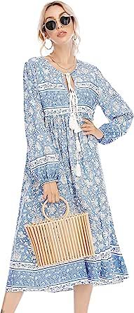 R.Vivimos Women's Casual Bohemian Print Neck Tie Long Sleeve Beach Style Long Midi Dress Vocation... | Amazon (UK)