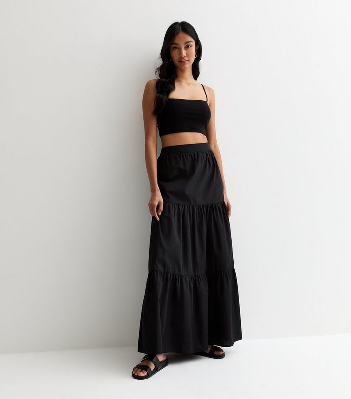 Black Poplin Tiered Maxi Skirt | New Look | New Look (UK)