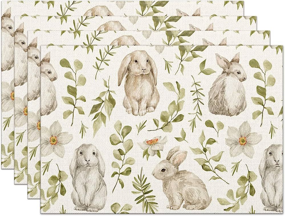 Easter Rabbits Placemats Set of 4,Bunny with Flowers Heat-Resistant Place Mats,Seasonal Table Dec... | Amazon (US)