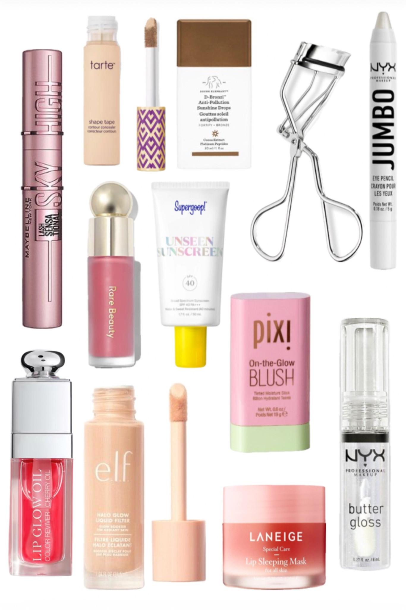 Makeup essentials, Beauty Products, Skincare, Sephora, Ulta 

Pixi blush
Tarte Shape Tape
Dior Lip Glow Oil
Rare Beauty 
elf Halo Glow Liquid Filter
NYX
Supergoop 
Drunk Elephant
D-Bronzi™M Anti-Pollution Bronzing Drops with peptides 

Lip Balms & Treatments
LANEIGE
Lip Sleeping Mask Intense Hydration with Vitamin C