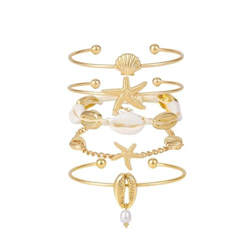 SLYAIH Shell Bracelet Seashell Boho Beaded Stretch Bracelets for Women Summer Beach Bracelets Starfish Charm Bracelet Stackable Gold Bracelets Set for Women Jewelry Gifts (h-gold) | Amazon (US)