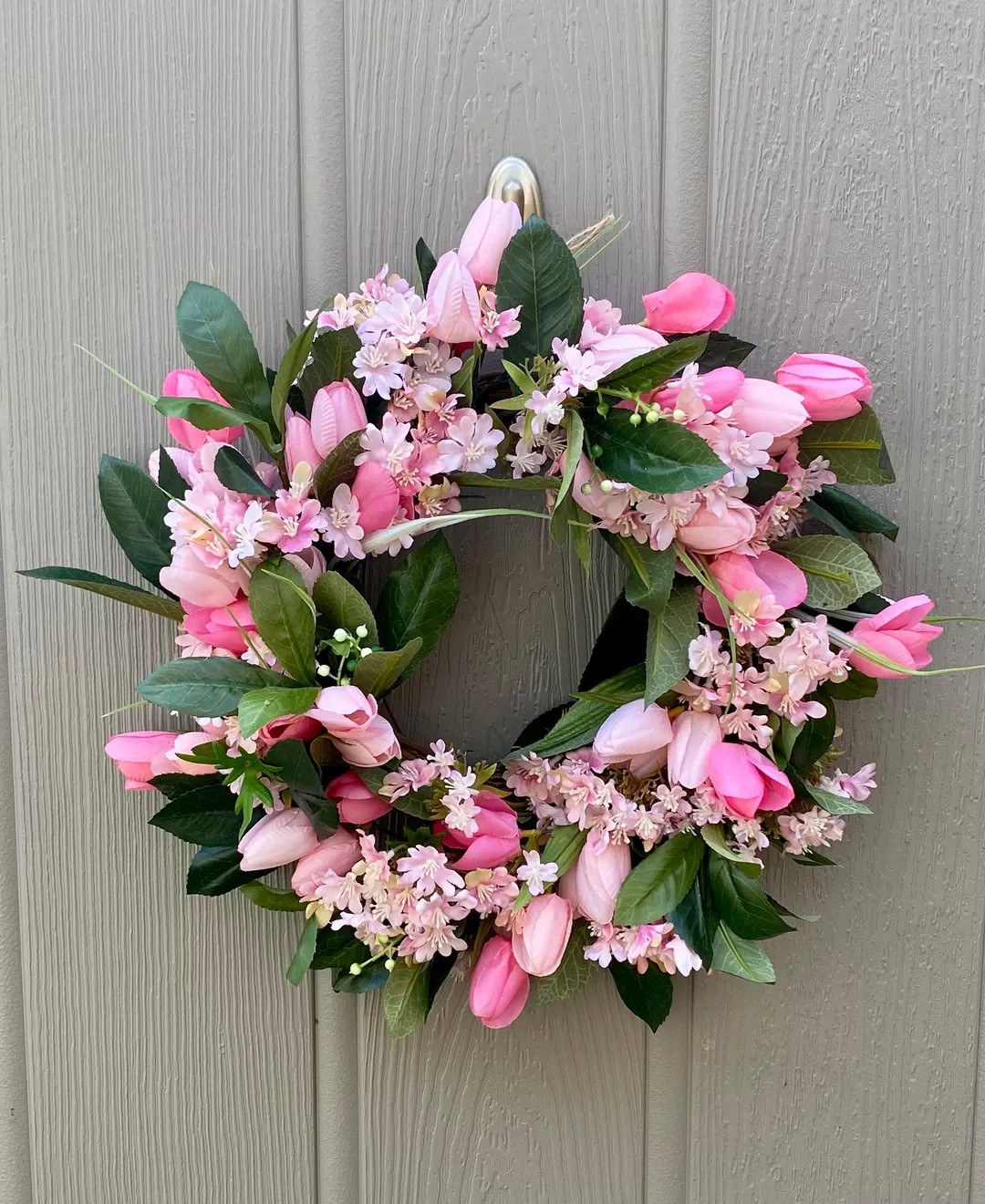 Pink Spring Wreath, Farmhouse Wreath for Front Door, Tuilp and Cherry Blossom Wreath, Laurel Gree... | Etsy (US)