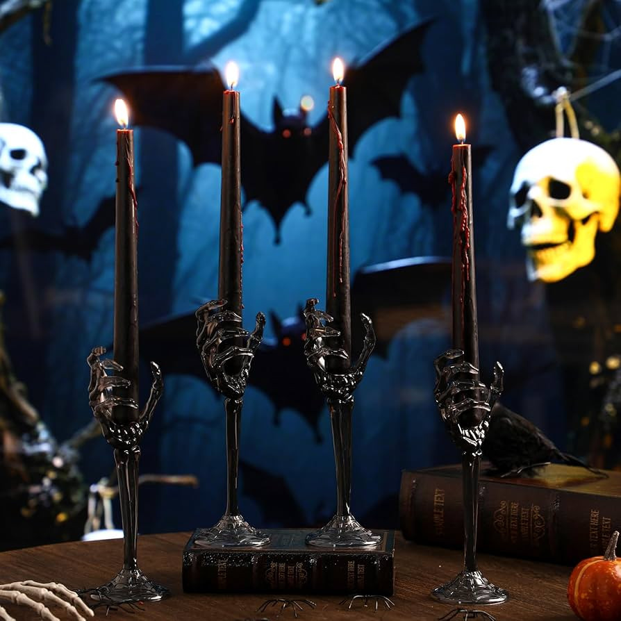 LemonRoad 4 Set Halloween Skull Taper Candle Holders with 4 Vampire Tears Black Candles Gothic De... | Amazon (US)