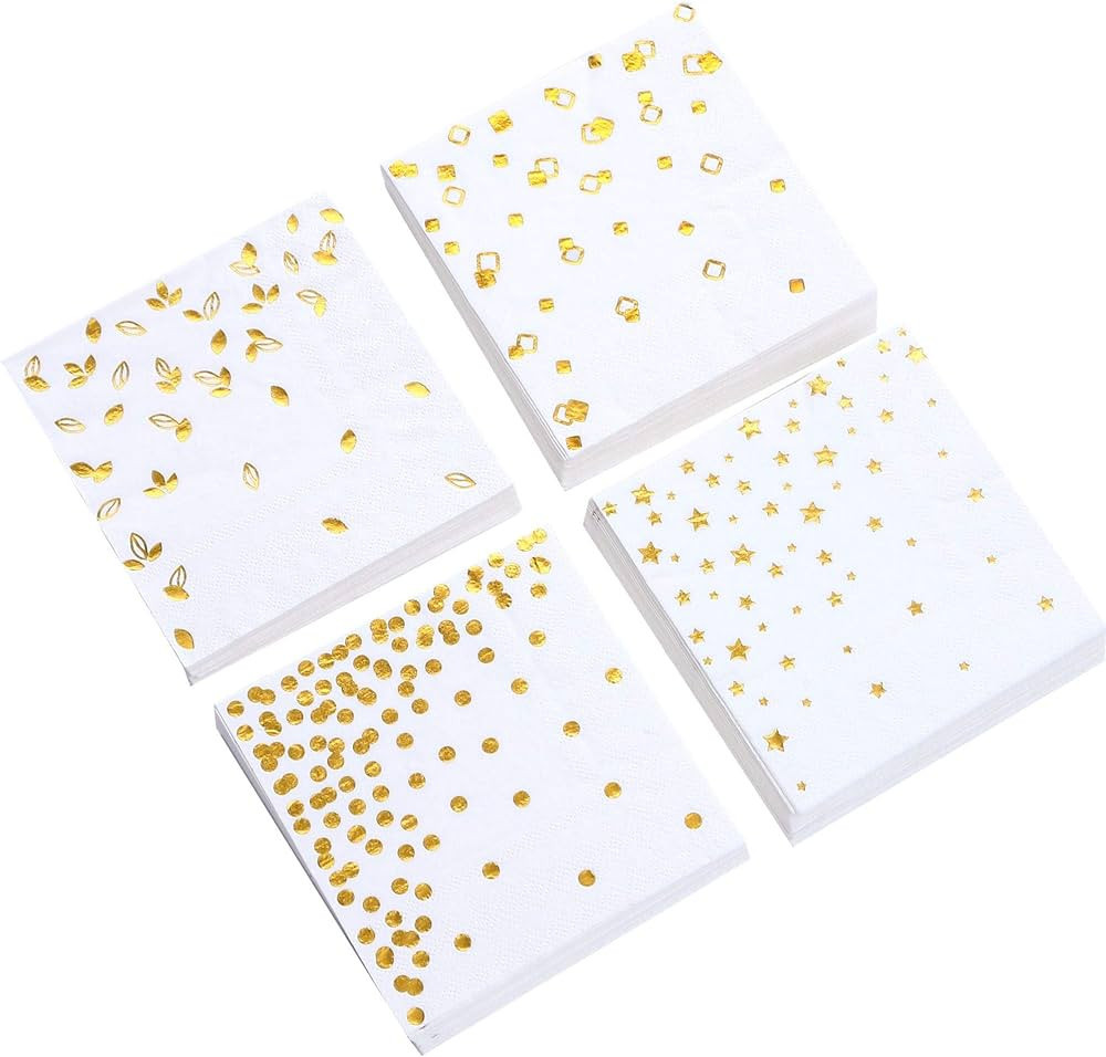 100 PK Gold Napkins - 4 Assorted Designs - 3-Ply Cocktail Napkins Folded 5 x 5 Inches Bar Napkins... | Amazon (US)