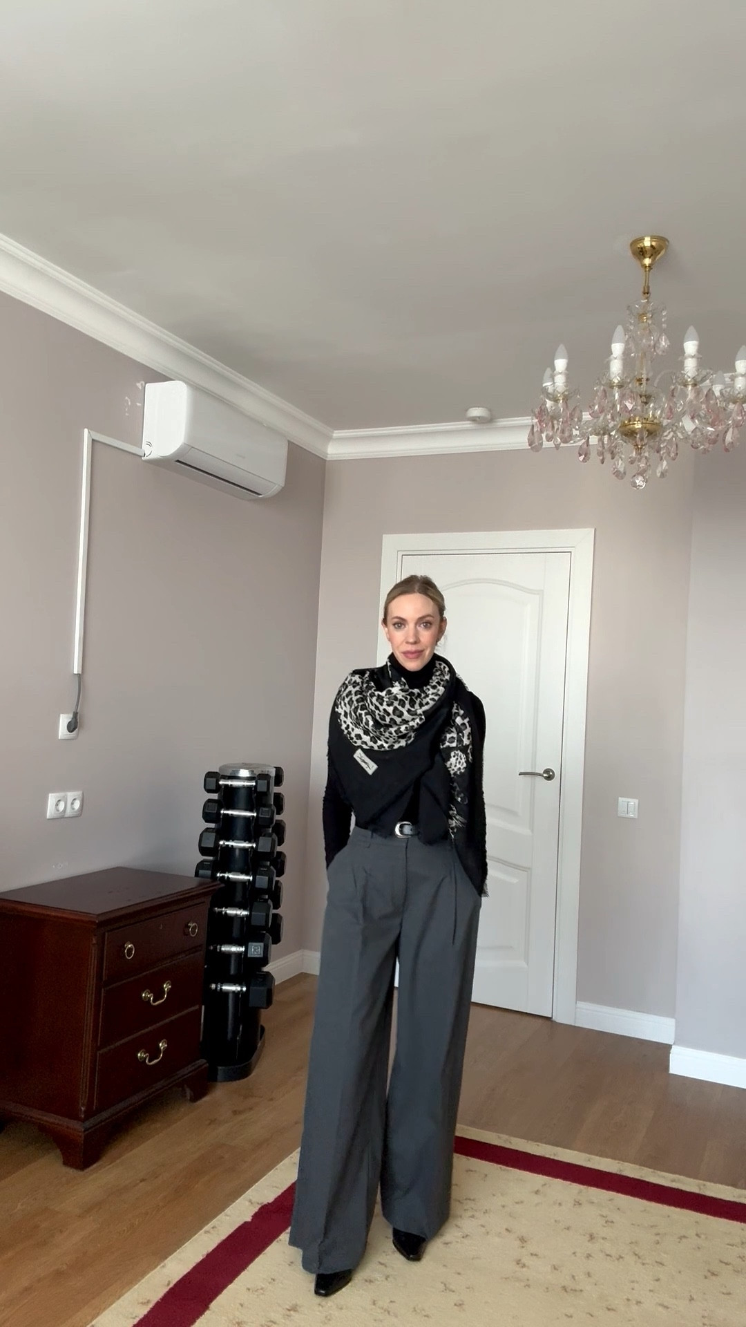Workwear outfit, office look, YSL leopard print shawl scarf, gray wide leg trousers, style over 40, Madewell western belt

#LTKSpringSale #LTKWorkwear #LTKspring