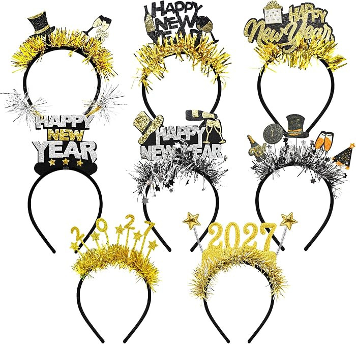 8 Pcs 2027 New Year Headbands for Adults \u2013 Happy New Year, Champagne Glasses, Top Hats, Star... | Amazon (US)