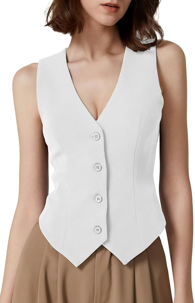 QINSEN Womens V Neck Vest Top Sleeveless Button Down Fully Lined Solid Going Out Crop Tops | Amazon (US)