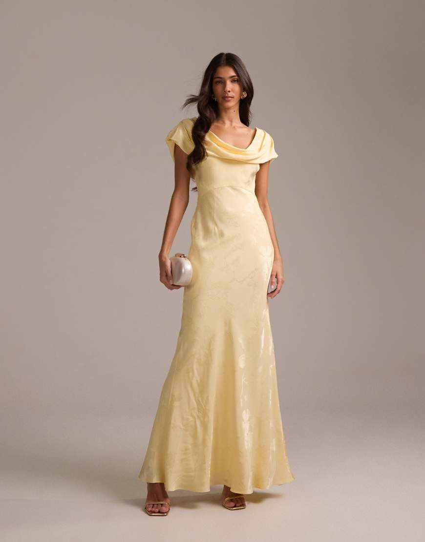 ASOS DESIGN bridesmaids fallen shoulder jacquard maxi dress in pale yellow | ASOS (Global)