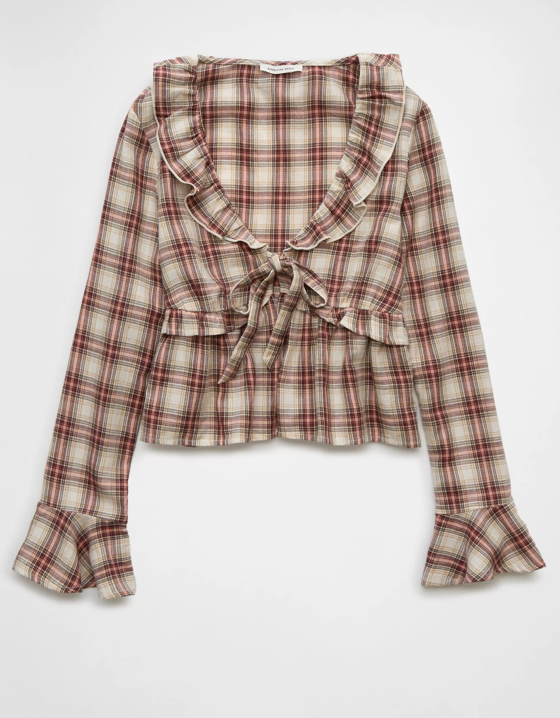 AE Long-Sleeve Ruffle Tie Front Shirt | American Eagle Outfitters (US & CA)