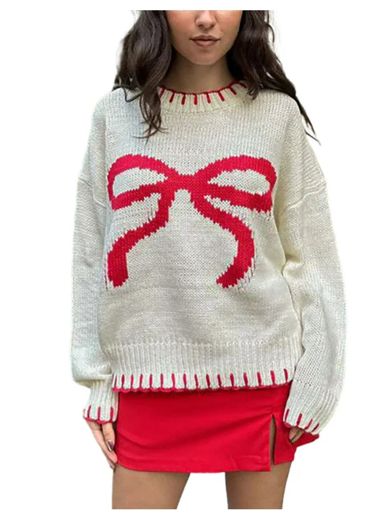 Women Valentine's Day Sweater Crewneck Bow Tie Printed Lightweight Loose Fall Winter Clothes Long... | Walmart (US)