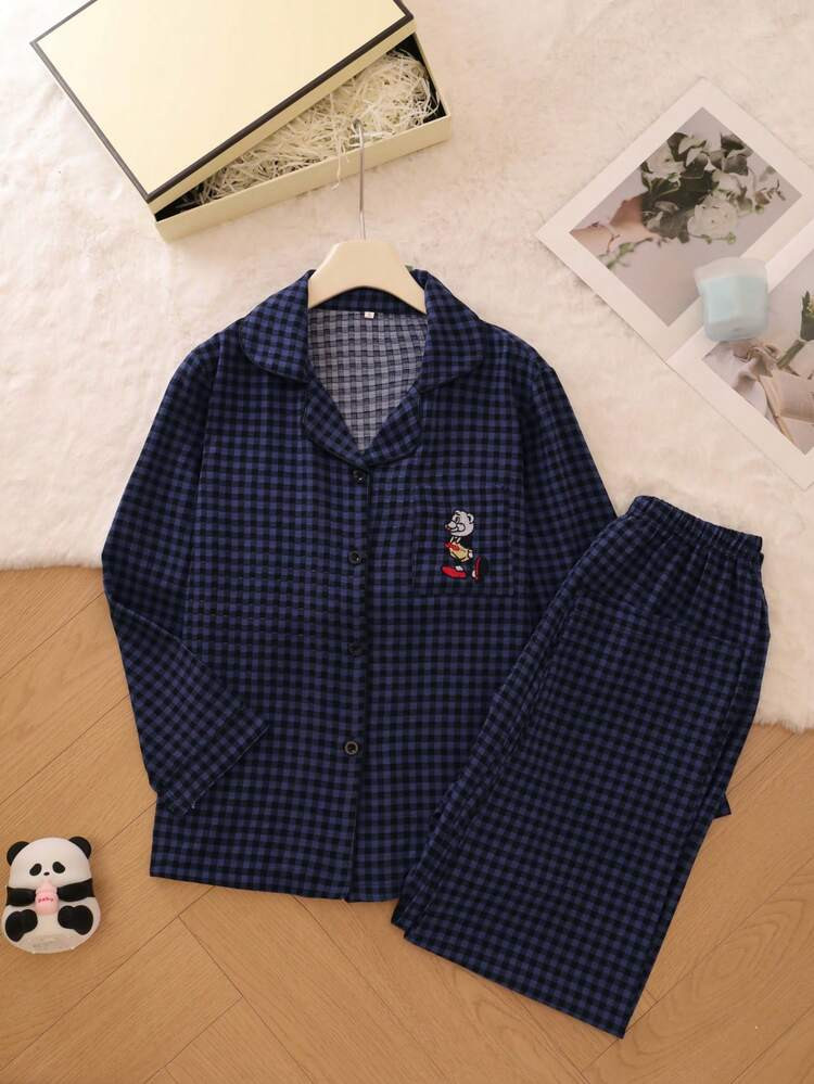 Plaid Lounge Set, Adorable Turndown Collar Button Up Top And Long Pants, Ladies Sleepwear And Loungewear, Fall Winter Clothes | SHEIN