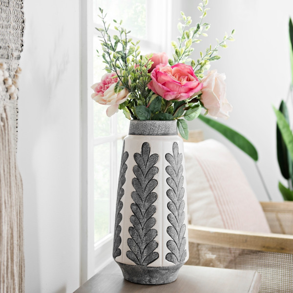 Gray and Cream Long Leaf Print Ceramic Vase | Kirklands | Kirkland's Home