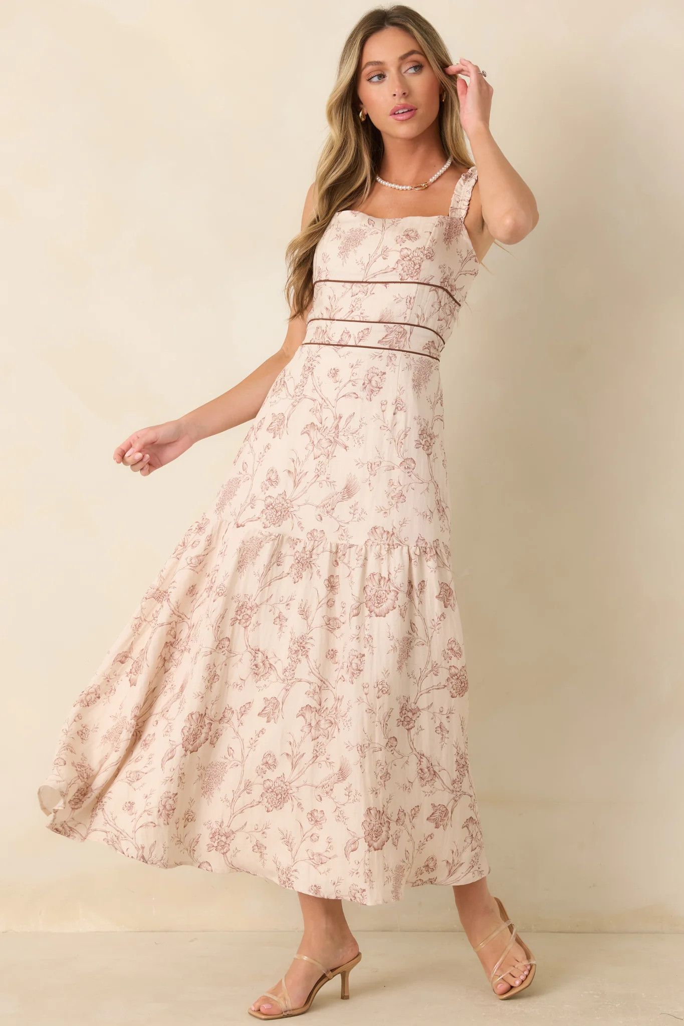 Poetry in Print Ivory & Brown Floral Ruffle Strap Maxi Dress | Red Dress