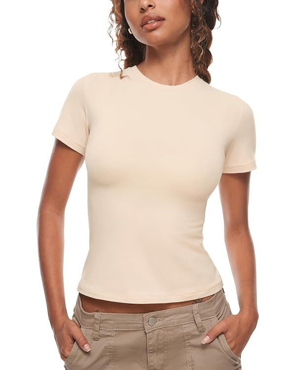 INLYRIC Women's Summer Short Sleeve Tops - Cotton Trendy Cute Basic Casual Crew Neck Single Layer... | Amazon (US)