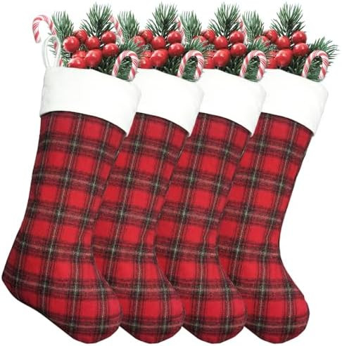 4 Pack Buffalo Plaid Christmas Stockings 20'' Large Xmas Stocking with Plush Cuff Hanging Stockin... | Amazon (US)