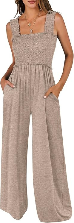 ANRABESS Jumpsuits for Women Casual, Smocked Sleeveless Wide Leg Comfy Rompers With Pockets, Summ... | Amazon (US)