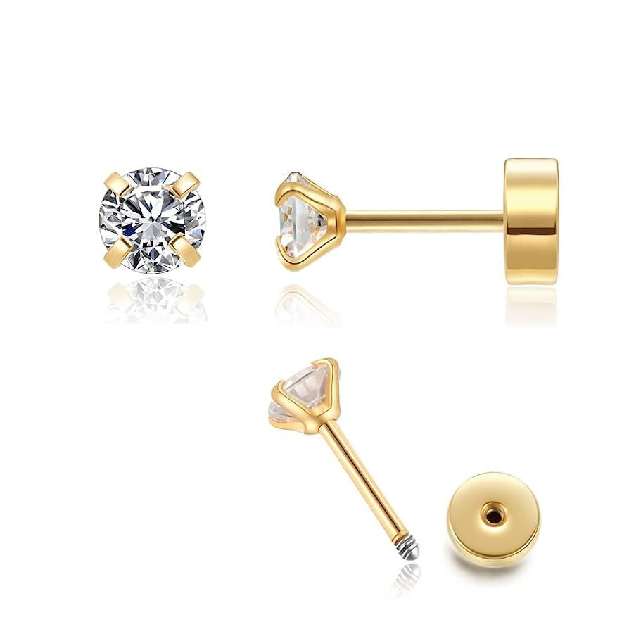 4mm CZ Flat Screw Back Stud Earrings,14K Gold Small Cubic Zirconia Earrings for Helix Cartilage T... | Amazon (US)