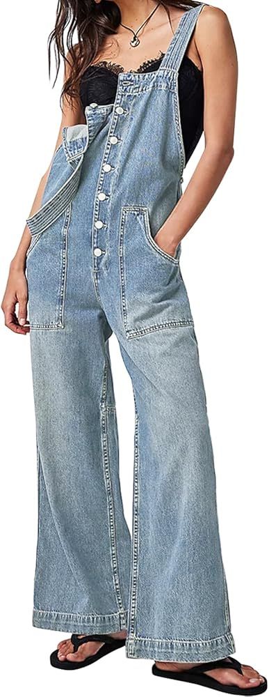 Kedera Women's Casual Baggy Denim Adjustable Denim Bib Overalls Loose Wide Leg Jeans Pants Jumpsu... | Amazon (US)